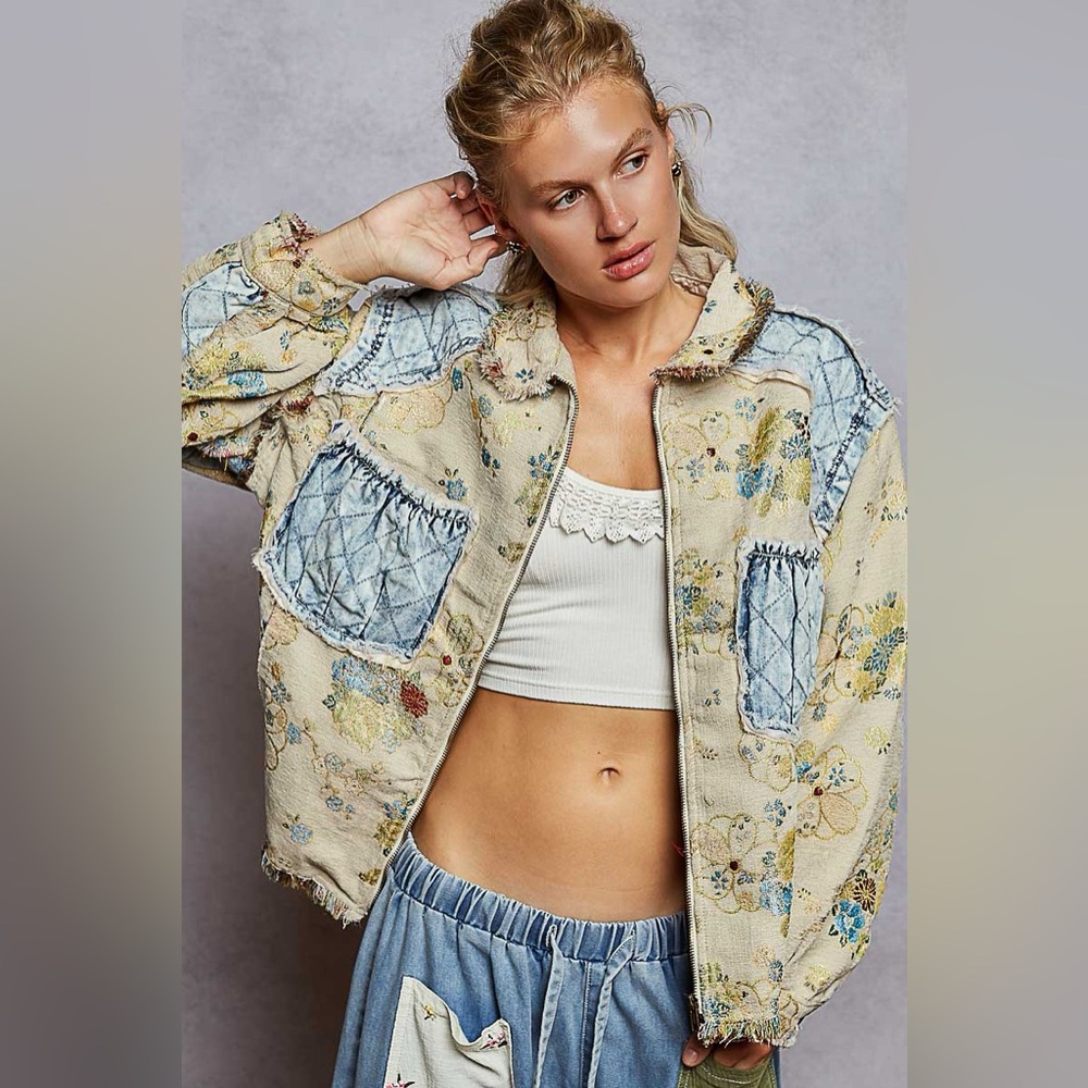 POL Cream Floral Patchwork Bomber Jacket